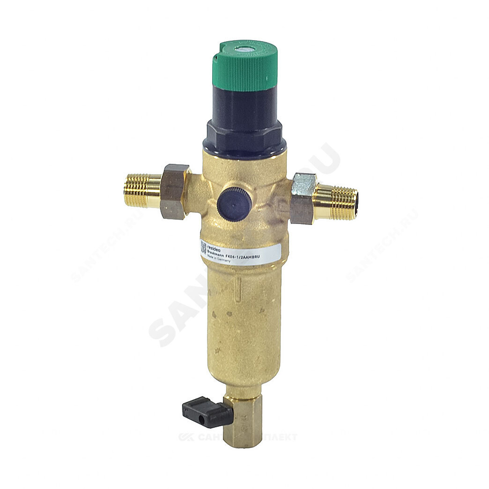 Фильтр сетчатый T-образный латунь Ду 20 Ру25 Тмакс=70 oC G3/4" НР FK06 с выходом под манометр с регулятором давления с краном Honeywell-Braukmann FK06-3/4"AAM