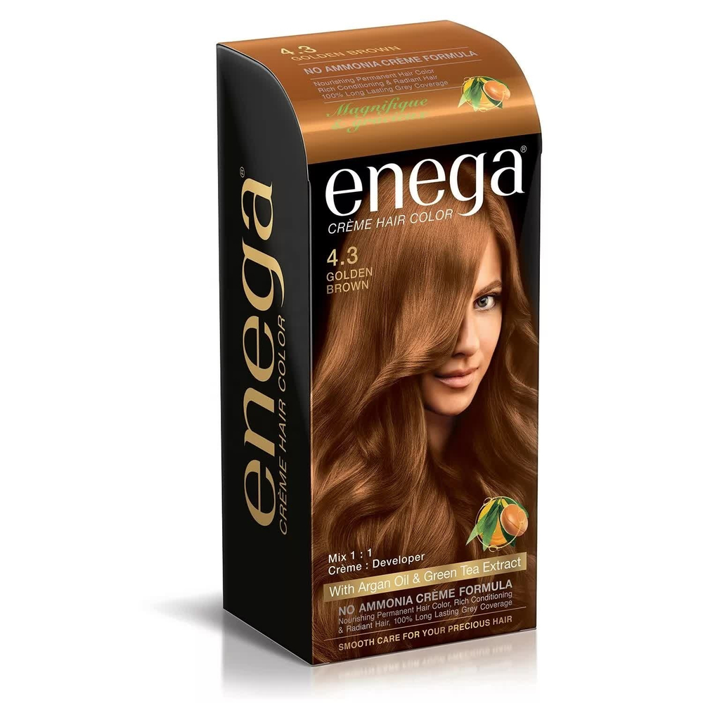 Крем-краска Prem Henna Enega Golden Brown 4.3 цвет Золотисто-коричневый для волос на основе хны с маслом арганы и экстрактом зеленого чая, 20 гр + 30 мл + 6 мл