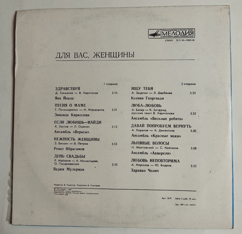 Винтажная виниловая пластинка LP Сборник Для Вас, Женщины (СССР 1980) (Мулерман, Верасы, Акварели, Веселые Ребята)
