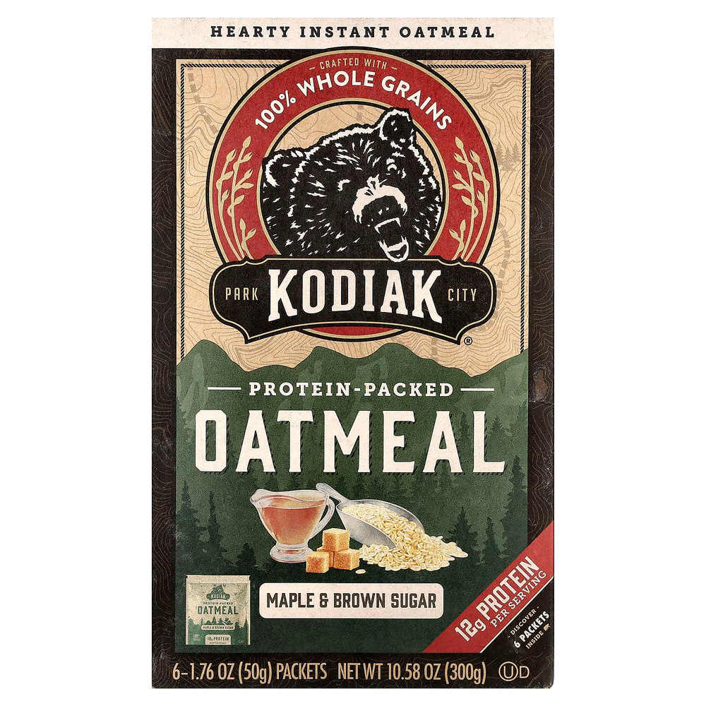 Kodiak Cakes, Овсянка с протеином, кленовый сироп и коричневый сахар, 6 пакетиков по 50 г (1,76 унции)