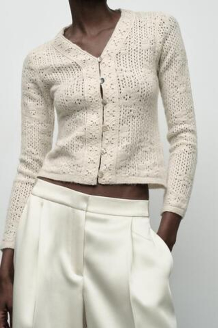 ZARA КАРДИГАН С АЖУРНЫМ УЗОРОМ В РОМАНТИЧЕСКОМ СТИЛЕ, ЭКРЮ