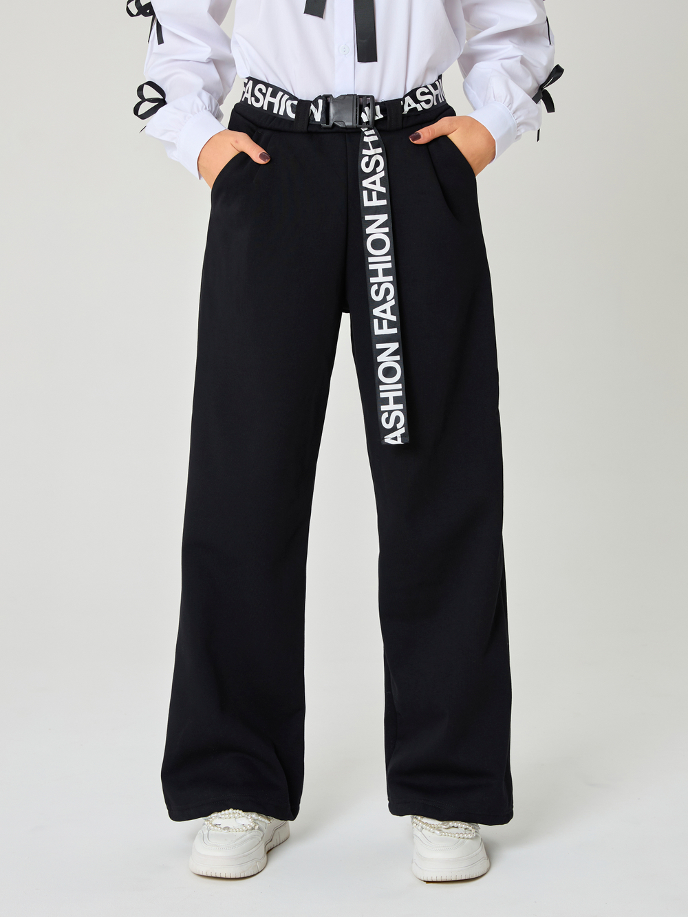 Брюки утепленные для девочки палаццо с ремнем "Fashion" чёрные