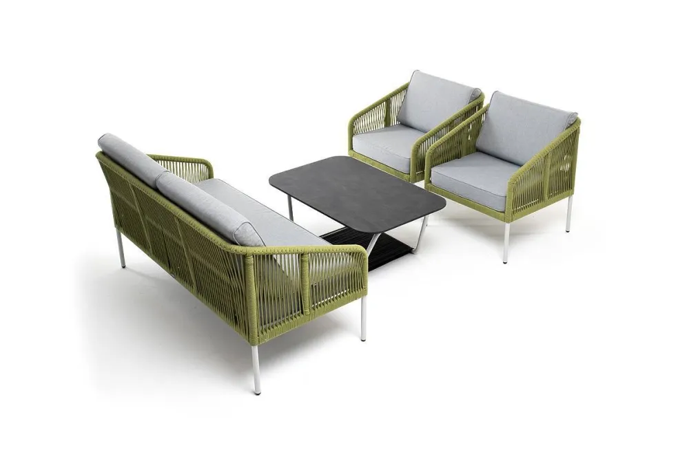 "Канны" лаунж-зона 4-местная из роупа со столом "Глория" (серый гранит), каркас алюминиевый светло-серый, роуп салатовый меланж