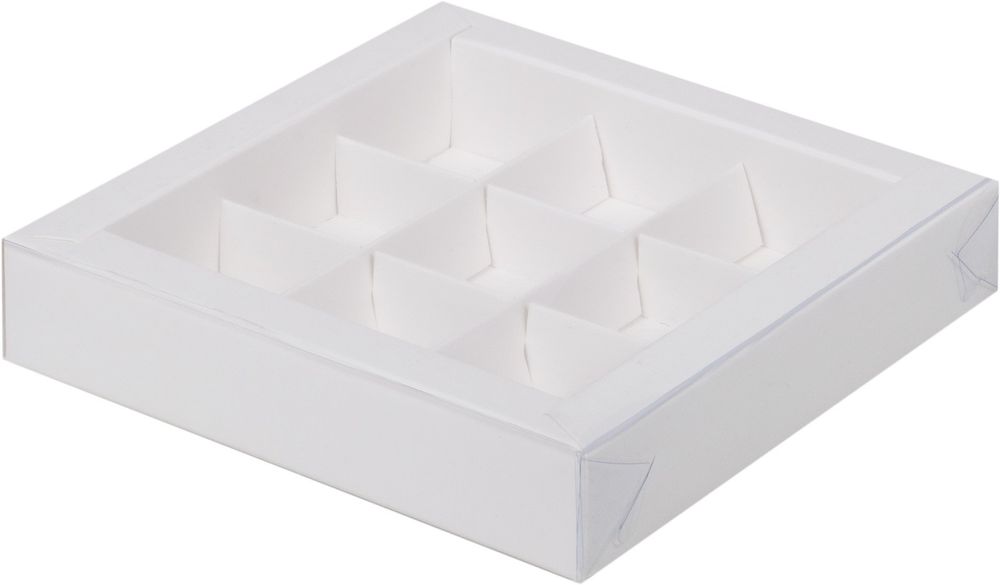 Коробка для конфет 9 шт с пластиковой крышкой,15,5 х 15,5 х 3 см, белая