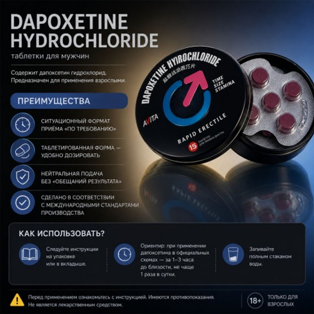 Возбуждющее средство Dapoxetine для мужчин (15 таб. + подарок желе для женщин)