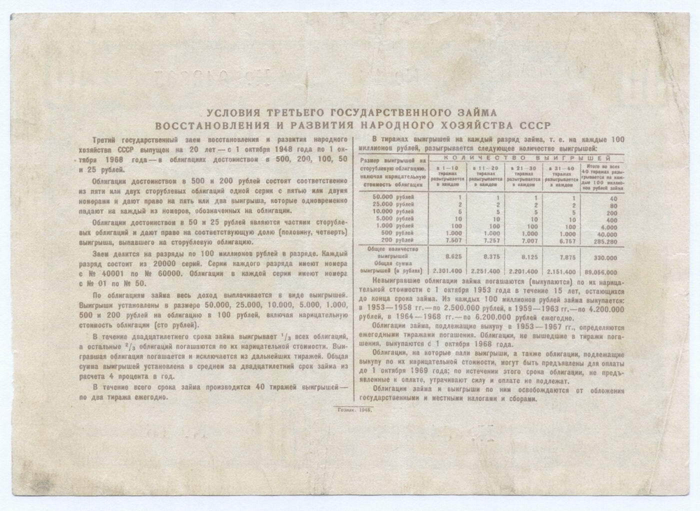 Облигация 50 рублей 1948 год. 3-ий заем восстановления и развития народного хозяйства. Серия № 043605. VF-