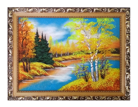 Картина№4" Осенний пейзаж" рисованная уральскими минералами в деревянном багете, размер 47-37-2см
