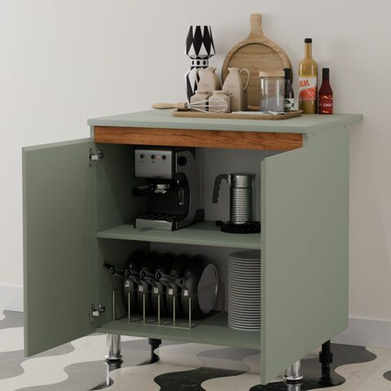 Кухонный модуль напольный 80 см Малага 2 двери со столешницей, с дубовой панелью, на ножках / зеленый самшит, массив дуба