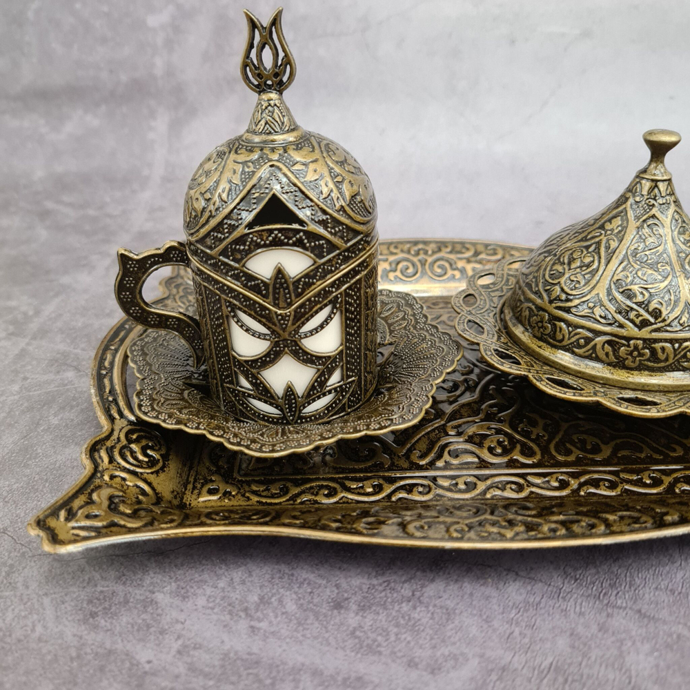 Кофейный набор "Lale" на 2 персоны с лукумницей и подносом/ACAR. Турция (бронзовый)