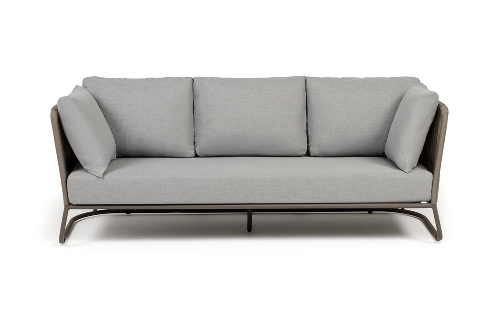 "Багамы" диван 3-местный плетеный из роупа, каркас алюминий бежево-серый (RAL7006) муар, роуп серо-коричневый 23мм, ткань светло-серая