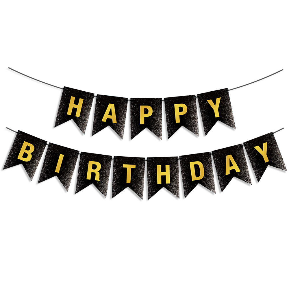 Гирлянда Флажки, Happy Birthday, Черный/Золото, Металлик, с блестками, 350 см, 17*12 см