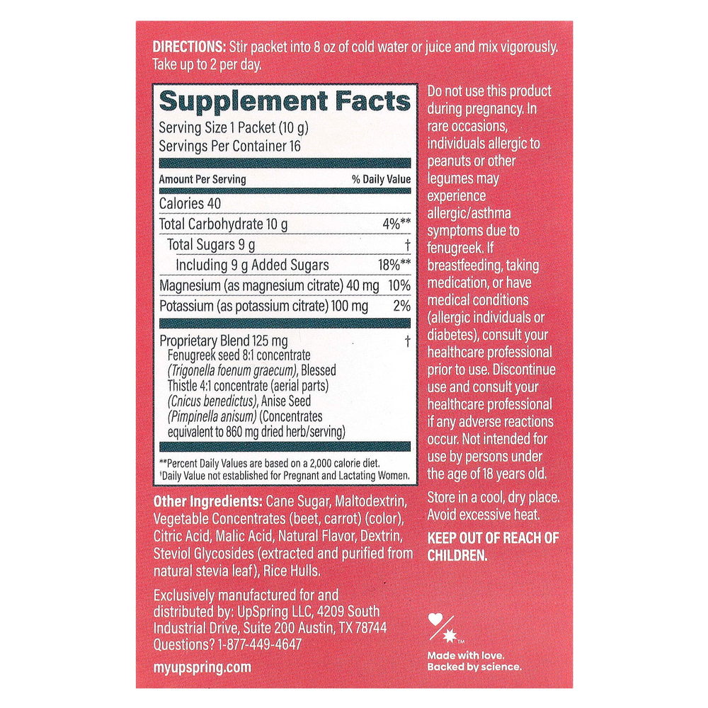 UpSpring, MilkFlow, электролиты, пажитник и кникус, напиток со вкусом ягод, 16 пакетиков по 10 г (0,35 унции)