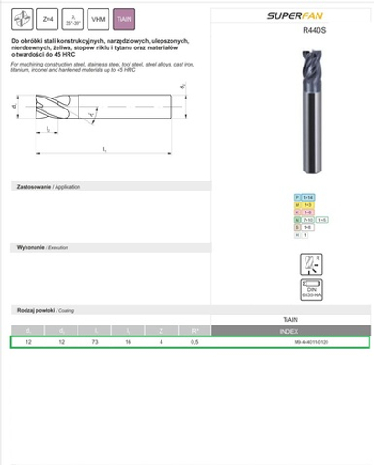 Фреза 12 мм SuperFAN R440S 12x12x16x73 R0,5 VHM TiALN M9-444011-0120