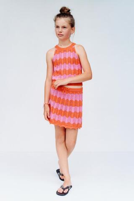 ZARA ЮБКА ИЗ КРУЖЕВА КРОШЕ В ПОЛОСКУ, НЕОНОВО-ОРАНЖЕВЫЙ