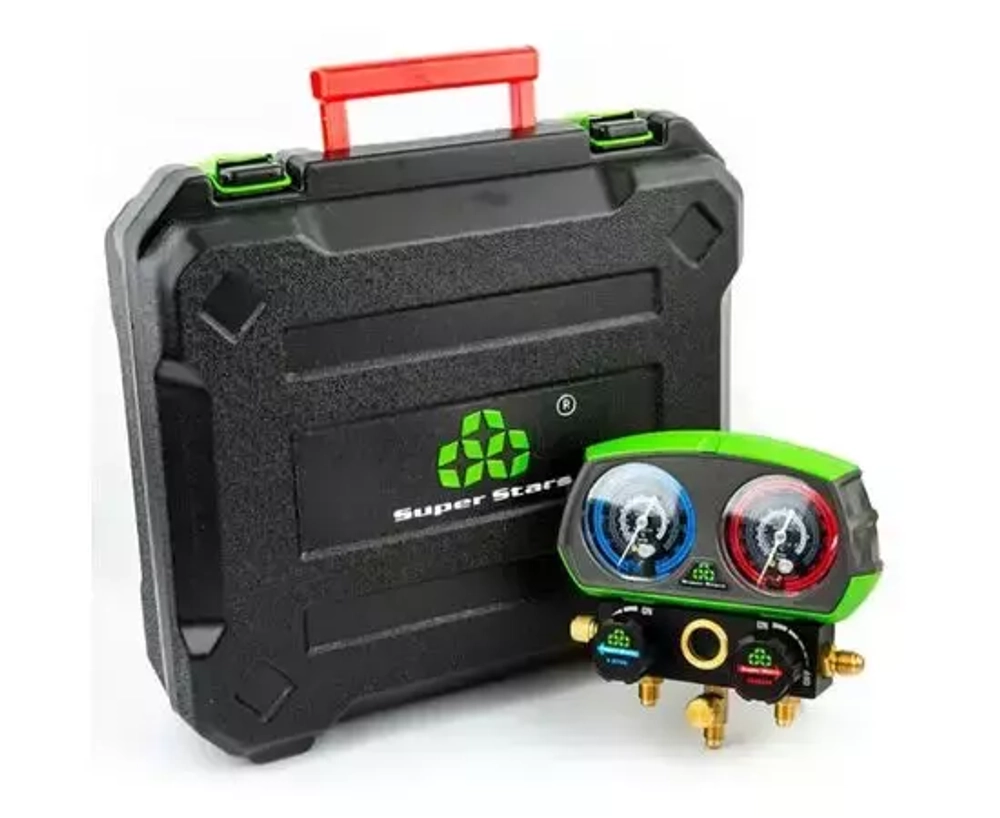 Манометрическая станция Super Stars ST-B280 (R22/404/407/410, 2-х вентильный; шланги 1.5м до 55 Bar-1/4"SAE, 2 адаптера R410 x R22, манометры 80мм, в кейсе)