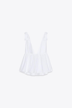 ZARA ТОП ИЗ ПОПЛИНА С БАНТАМИ, БЕЛЫЙ