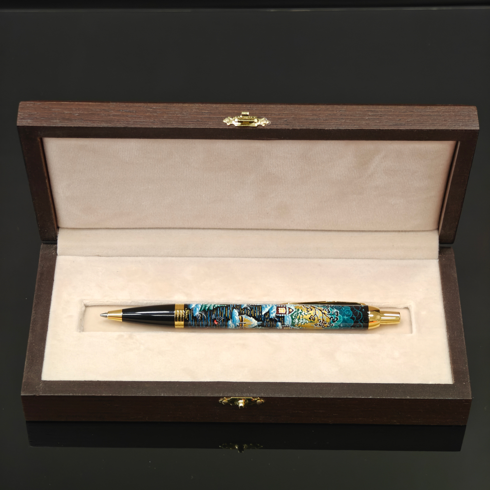 Ручка "Деревенский пейзаж" с ручной росписью Палех в футляре