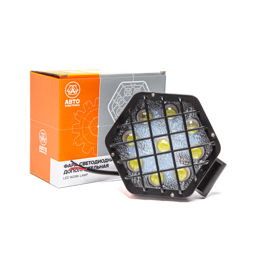 Фара светодиодная дополнительная, шестиугольная 135*80*165, направленный свет, 9 диодов, линзованная, с решеткой, крепление по центру, 27 Вт, 10-30 В