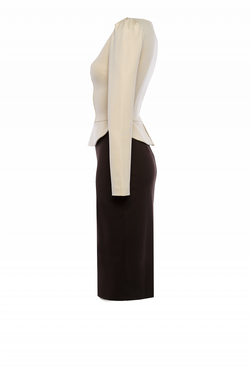 Платье футляр с баской бежево-коричневое 01-04-19FW