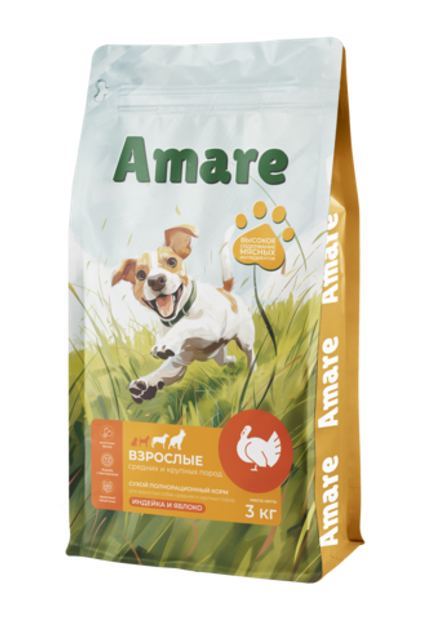 Amare Сухой полнорационный корм для взрослых собак средних и крупных пород индейка и яблоко 3 кг