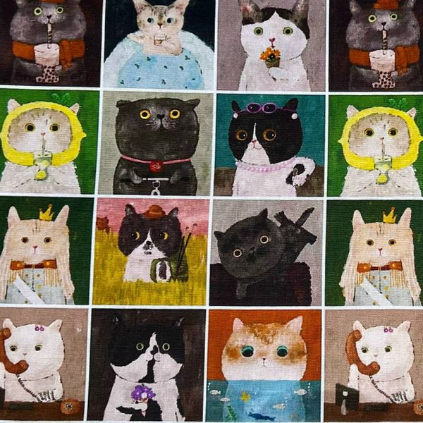 Купон 39x110 cm, ЗАБАВНЫЕ МИНИ КОШКИ, В ЖЕЛТОМ ПЛАТОЧКЕ, СЕРАЯ КЛЕТКА 2
