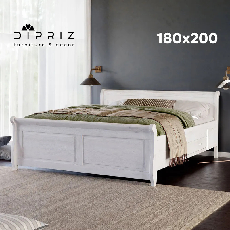 Кровать двуспальная 180х200 Мелания с выдвижными ящиками для белья, из натурального массива сосны с настилом, белый