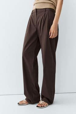 Massimo Dutti Плиссированные брюки из смесовой хлопковой ткани поплин, шоколадный
