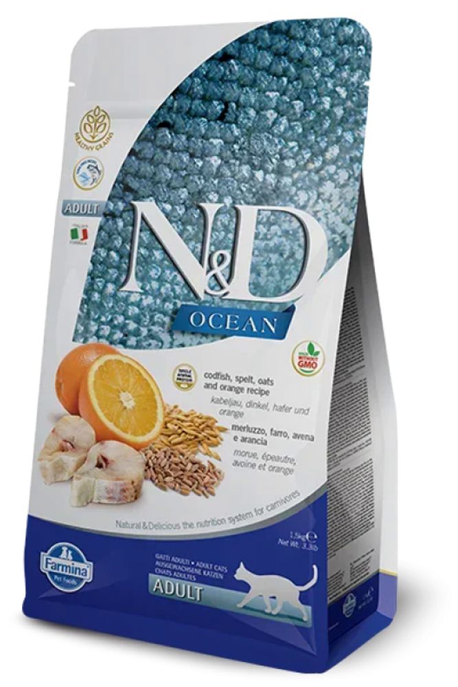 Сухой корм Farmina N&amp;D Ocean Cat Adult беззерновой с треской, спельтой, овсом и апельсином для кошек 10 кг