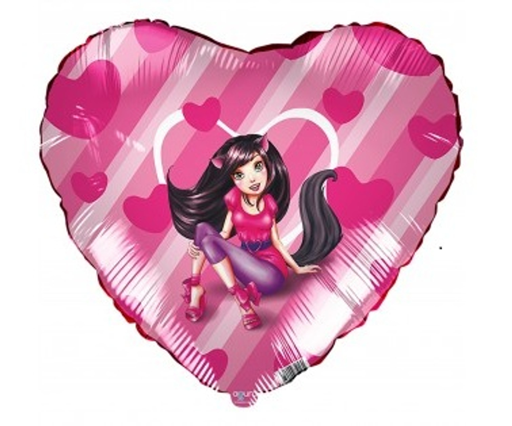 Воздушный шар (18''/46 см) Сердце, Девушка - Кошка, Розовы с гелием