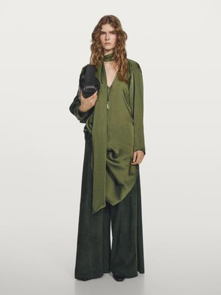 Massimo Dutti Вид Длинная блузка с V-образным вырезом и шнуровкой - STUDIO, зеленый
