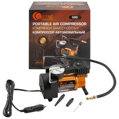 Компрессор автомобильный поршневой одноцилиндровый с аналоговым манометром (12В, 10А, 30л/мин, 7бар) в комплекте с переносной сумкой FORSTIME FT-580