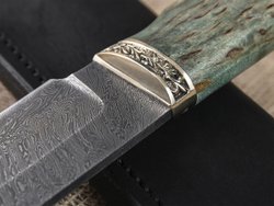 Нож "Леший", дамасская сталь, рукоять зеленая стабилизированная карельская береза