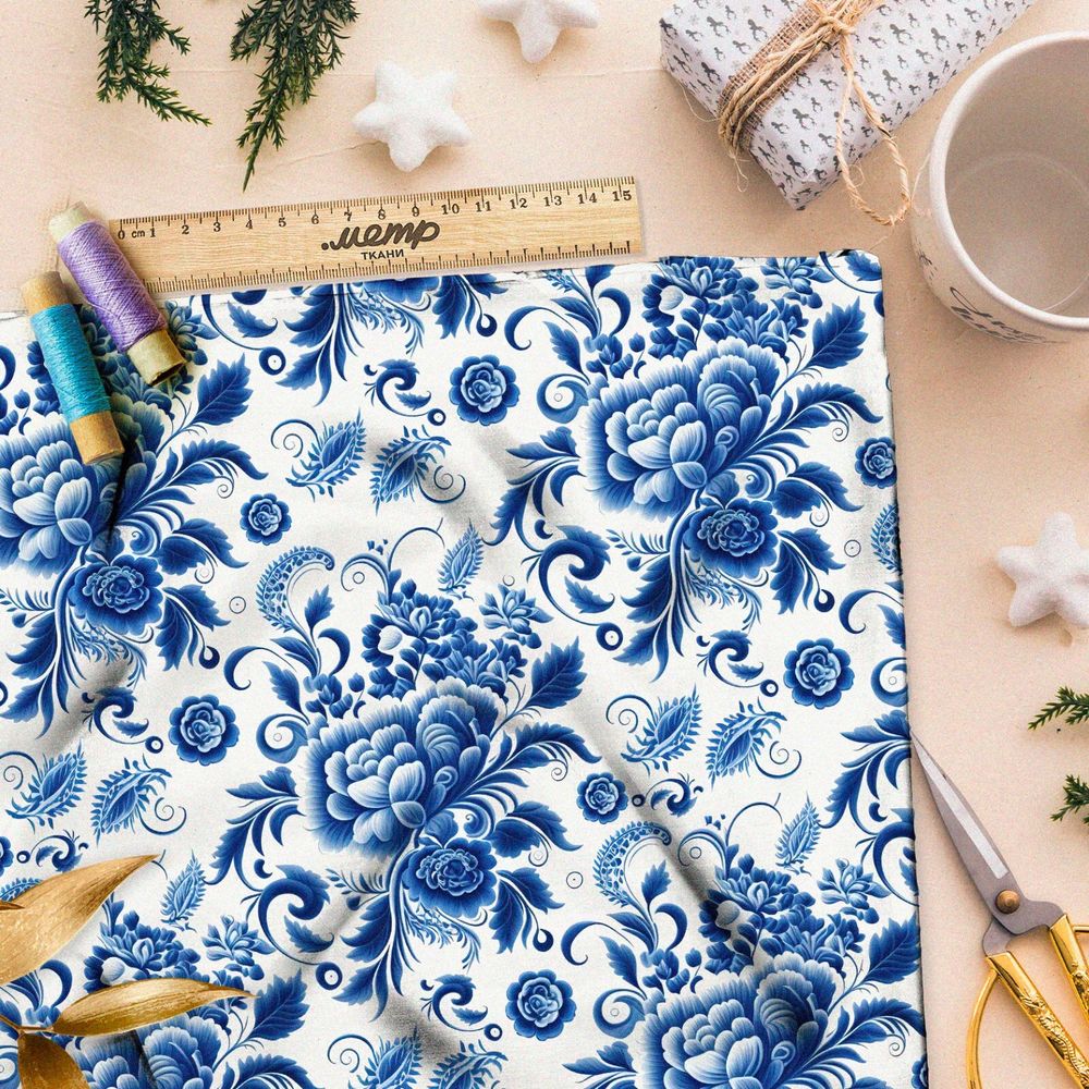 Ткань габардин  цветы и розы гжель