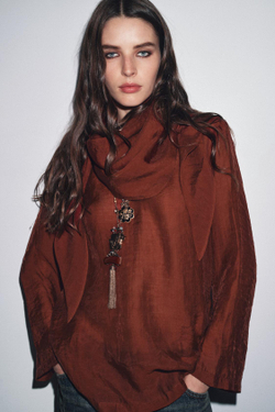 ZARA БЛУЗА СВОБОДНОГО КРОЯ С ПЛАТКОМ-ТРАНСФОРМЕРОМ — ZW COLLECTION, ЧЕРЕПИЧНЫЙ