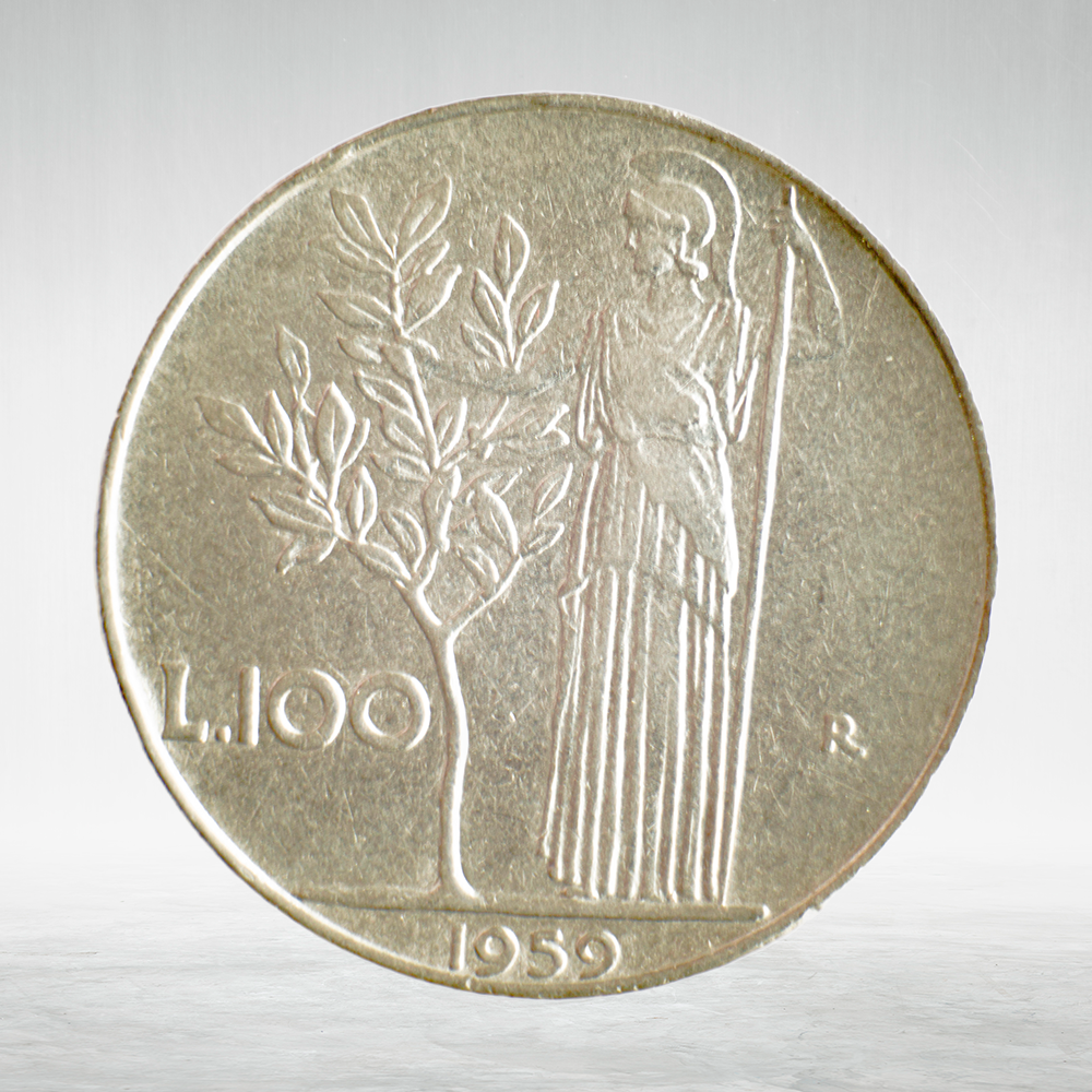 Italy 100 Lire 1959 R "Minerva Standing – Large Type", AU