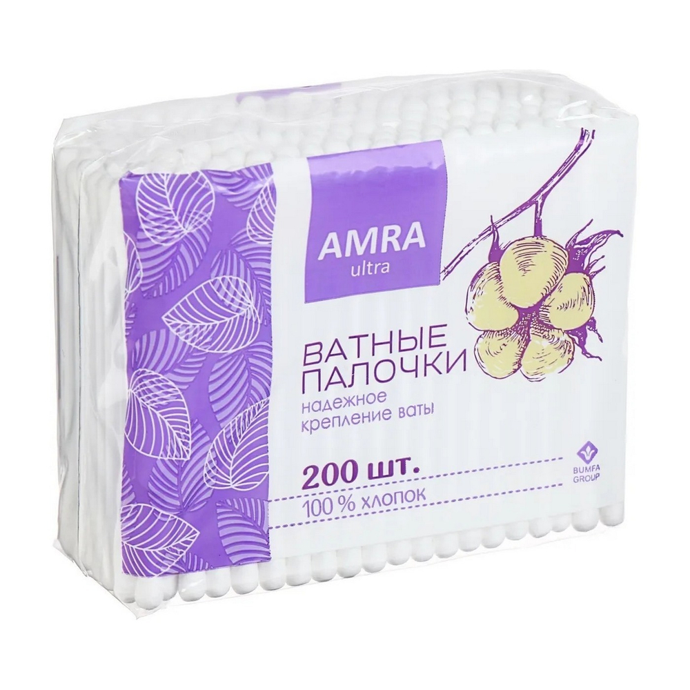 Палочки ватные "AMRA", хлопок, 200шт в пакете