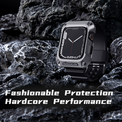 Металлический чехол-бампер серого цвета от Nillkin DynaGuard Wristband Case для часов Apple Watch Series 7 и 8, 45мм, в комплекте черный ремешок из ТПУ с двойным замком