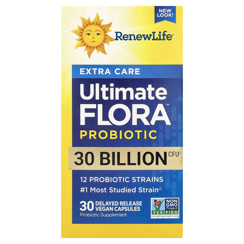 Renew Life, пробиотик Extra Care Ultimate Flora™, 30 млрд КОЕ, 30 веганских капсул с отсроченным высвобождением