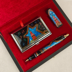 Набор "Кремль. Звезда" визитница, флешка и ручка Parker с ручной росписью Палех в футляре