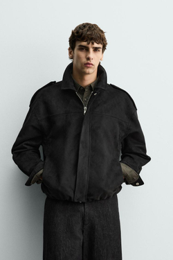 ZARA УКОРОЧЕННАЯ КУРТКА ИЗ ИСКУССТВЕННОЙ ЗАМШИ, ЧЕРНЫЙ