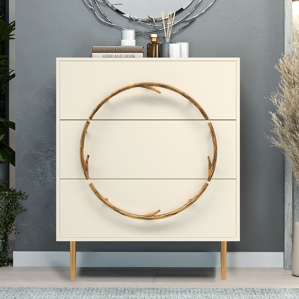 Комод Арт Колор matte Стайл Голд с 3 ящиками Кремовый белый матовый