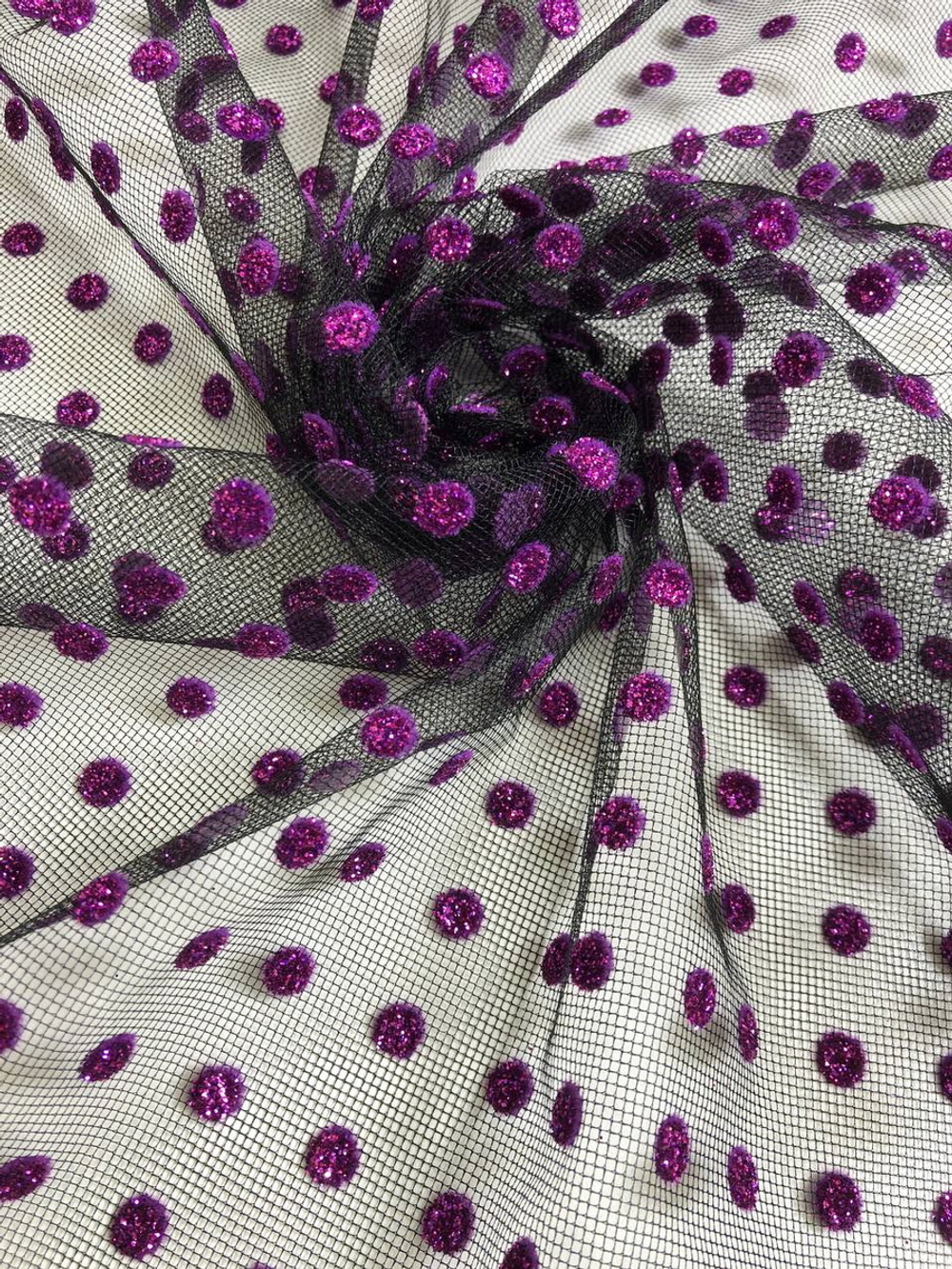 Фатин флок горох фуксия на черном, блестки фуксия