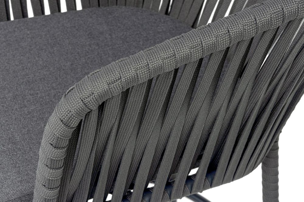 "Бордо" стул барный плетеный из роупа, каркас из стали темно-серый (RAL7024) муар, роуп серый 15мм, ткань темно-серая 027 NEW