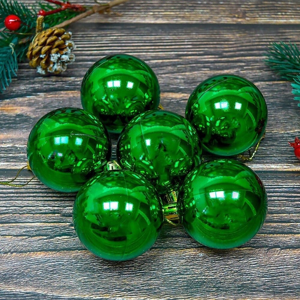 Шар новогодний 6шт 6см, глянец зеленый, пластик