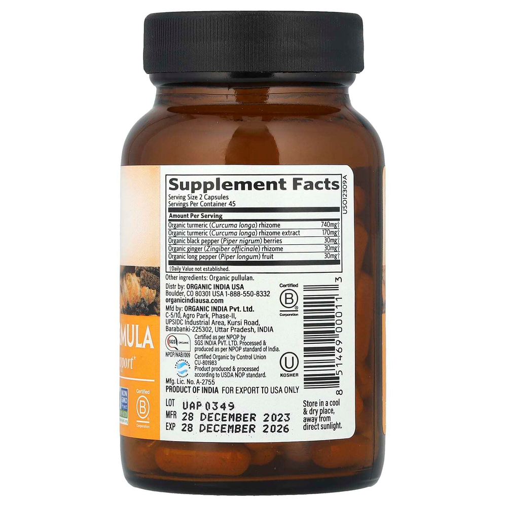 Organic India, Turmeric Formula, куркума, поддержка подвижности и здоровья суставов, 90 растительных капсул
