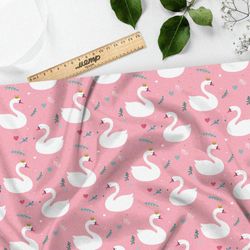 Ткань кулирная гладь лебеди на розовом