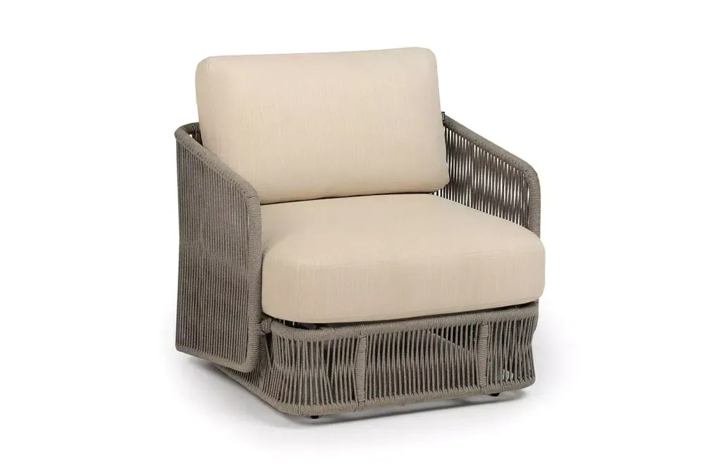 "Альбано" кресло плетеное из роупа, каркас алюминий светло-серый (RAL7035) муар, роуп серый меланж круглый, ткань Mossle светло-бежевая