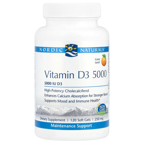 Nordic Naturals, витамин D3 5000, со вкусом апельсина, 5000 МЕ, 120 капсул