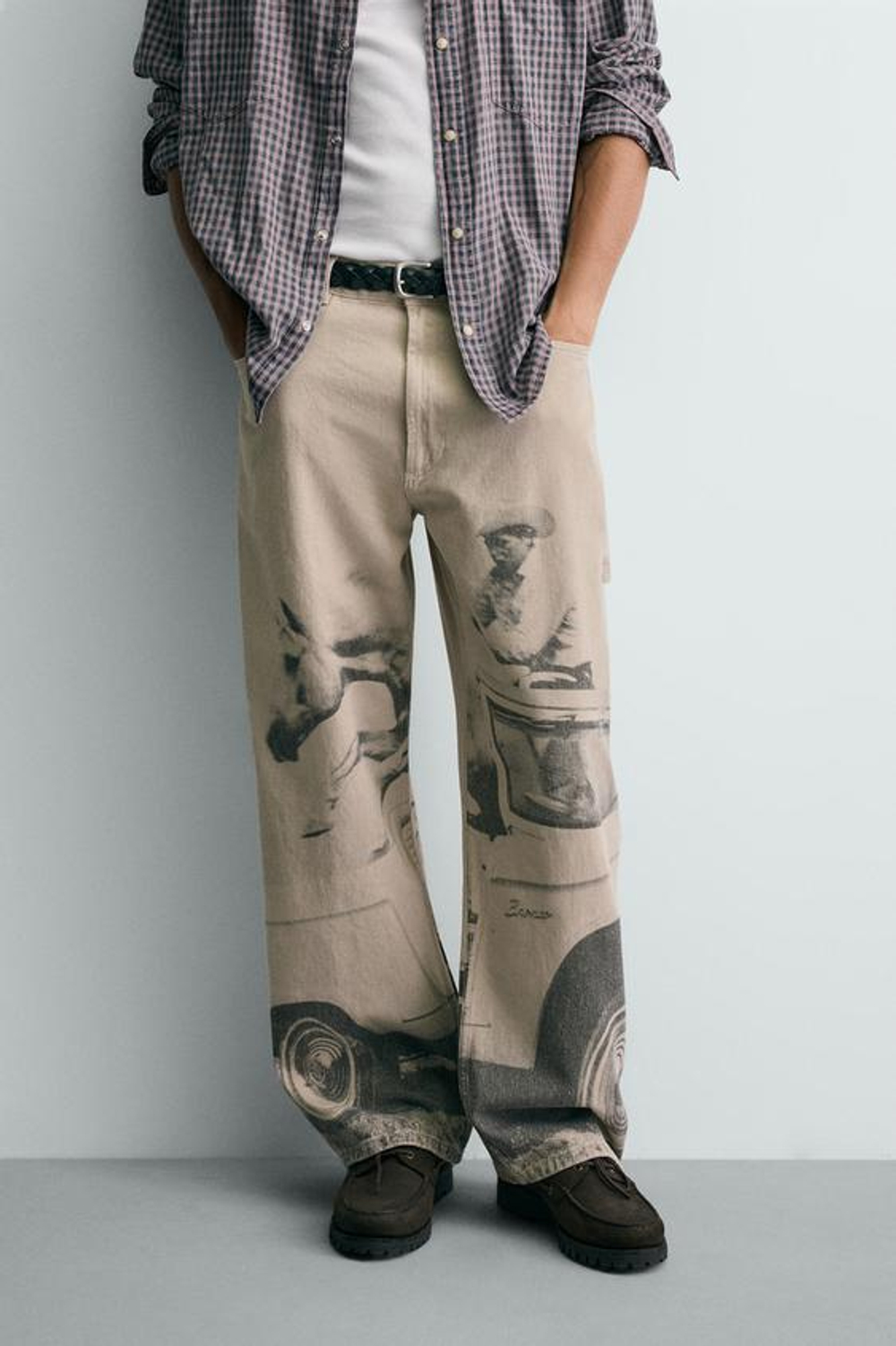 ZARA Х FORD ШИРОКИЕ БРЮКИ С ПРИНТОМ, СЕРО-БЕЖЕВЫЙ