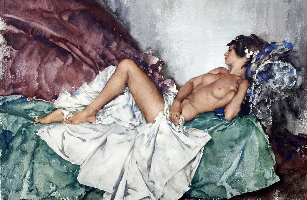 Сэр Уильям Рассел  Флинт. Лежащая обнаженная II (Reclining Nude II). 38.5 x 57. Акварель. Частное собрание.